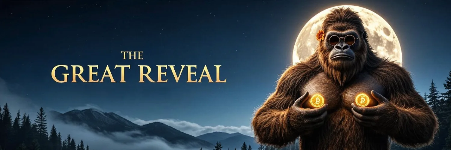 The Great Reveal poster: Bigfoot under a full moon in round sunglasses, holding two glowing gold coins over their titties